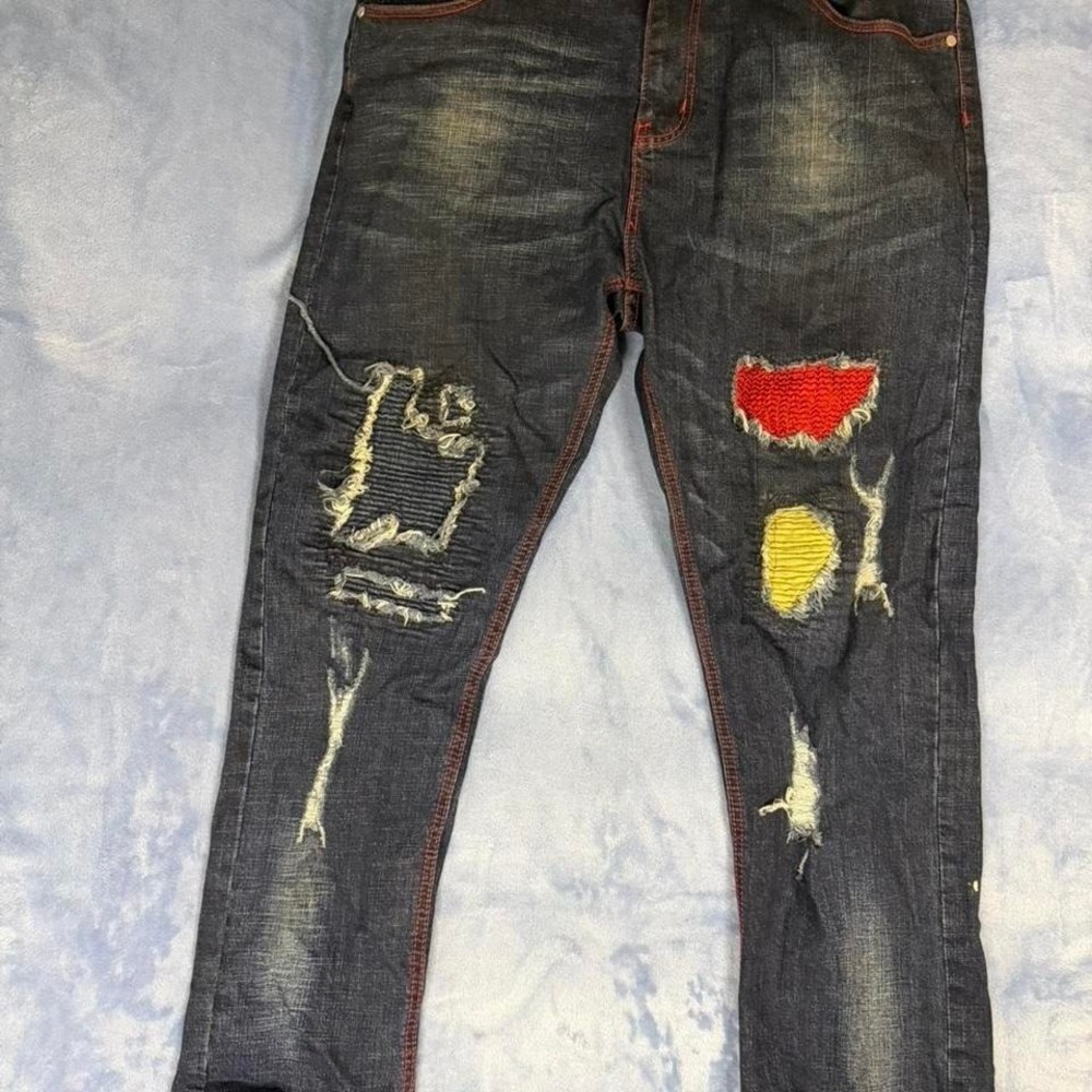 Distressed black denim jeans with‎ red stitching men size 38